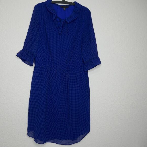 Banana Republic Fit Flare Dress Blue Houndstooth Short Sleeve Ruffle Tie Medium - Picture 6 of 7